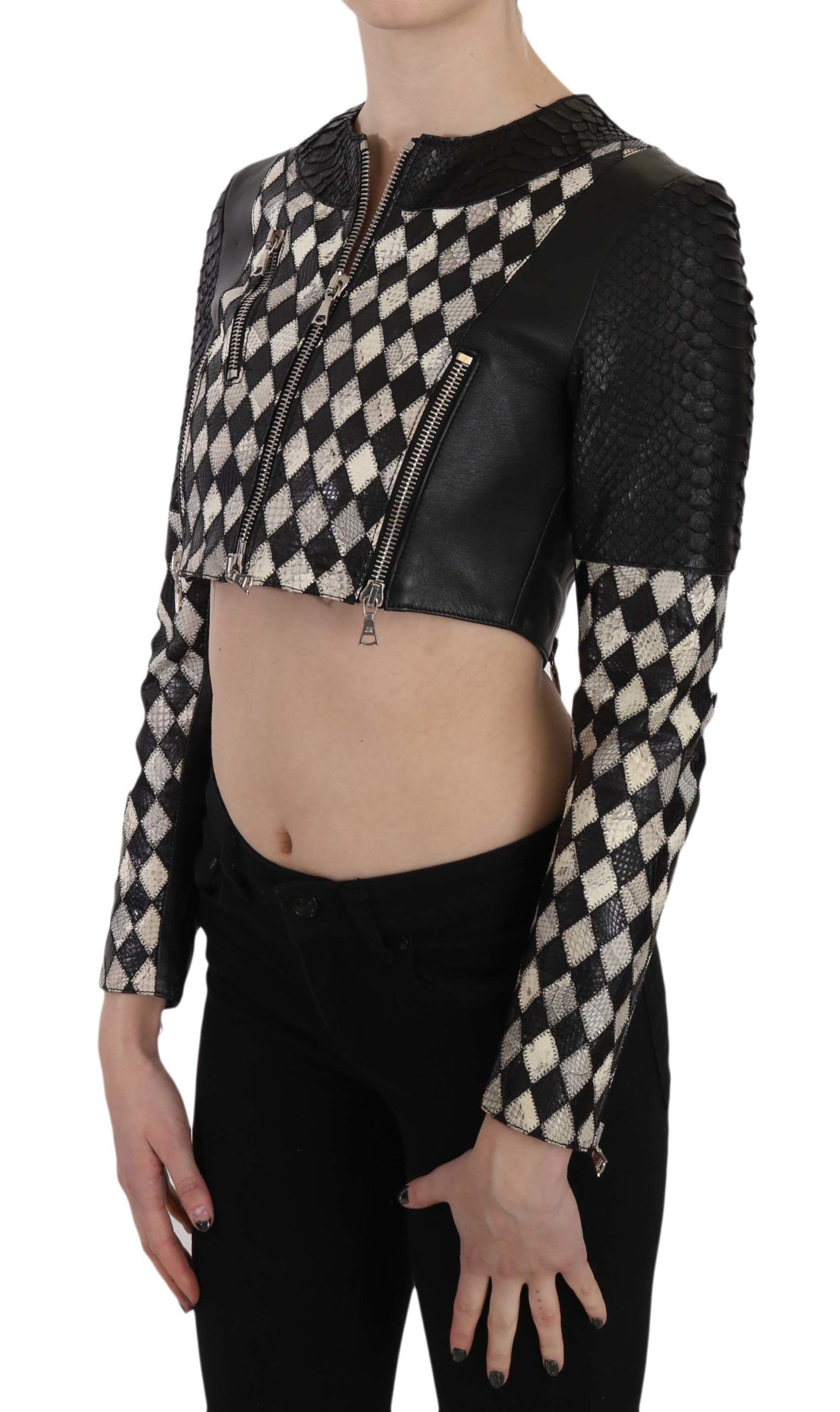 Black White Leather Short Cropped Biker Jacket Coat - Image 2