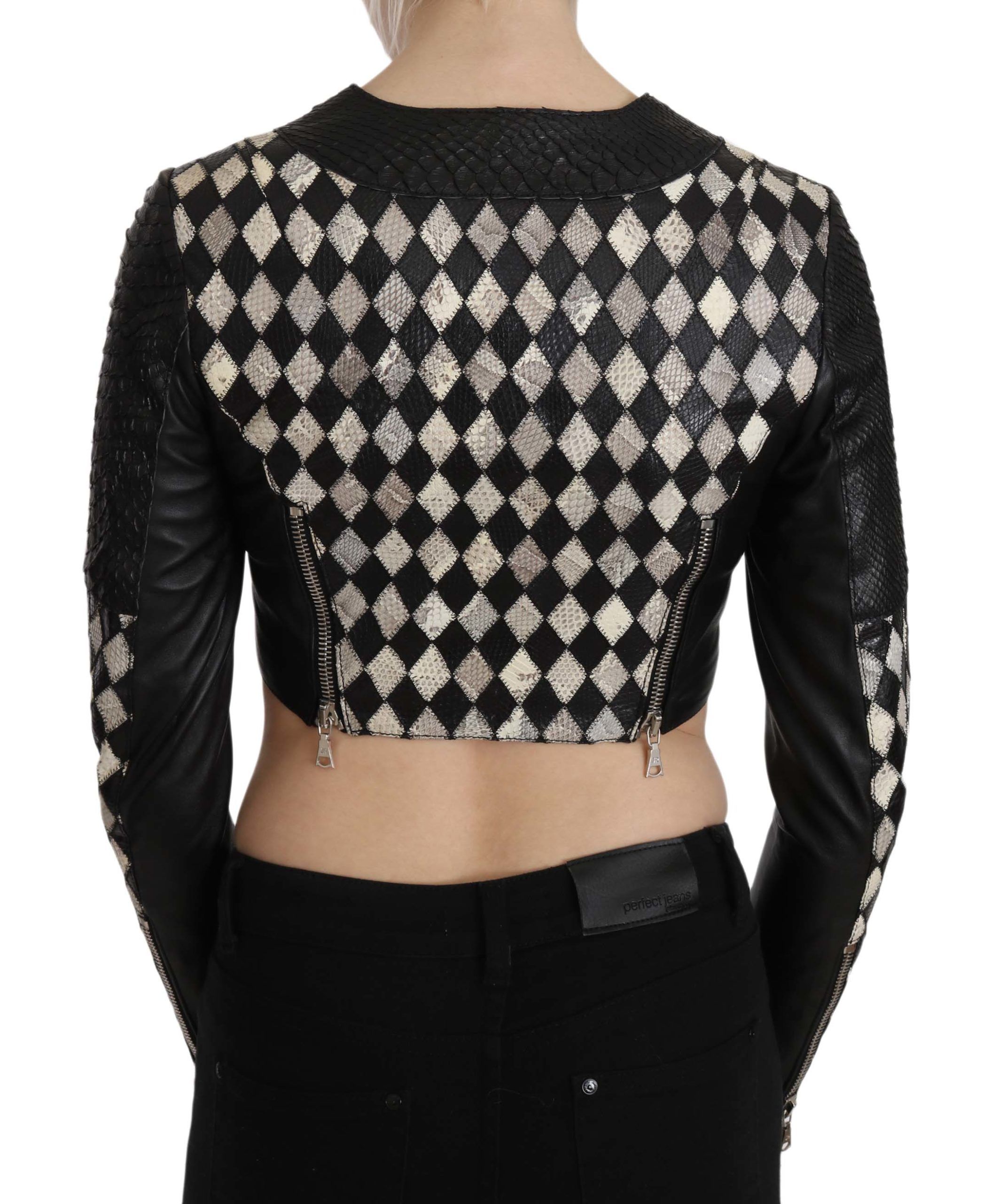 Black White Leather Short Cropped Biker Jacket Coat - Image 3