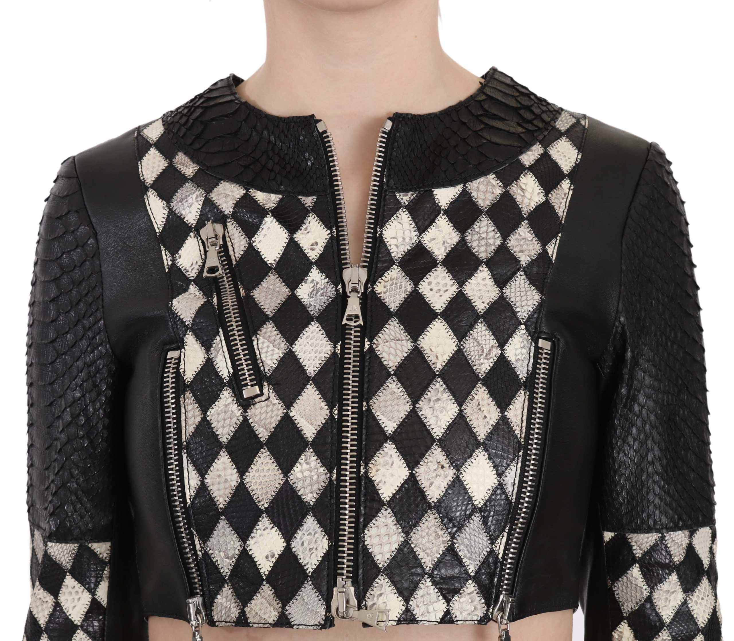 Black White Leather Short Cropped Biker Jacket Coat - Image 4