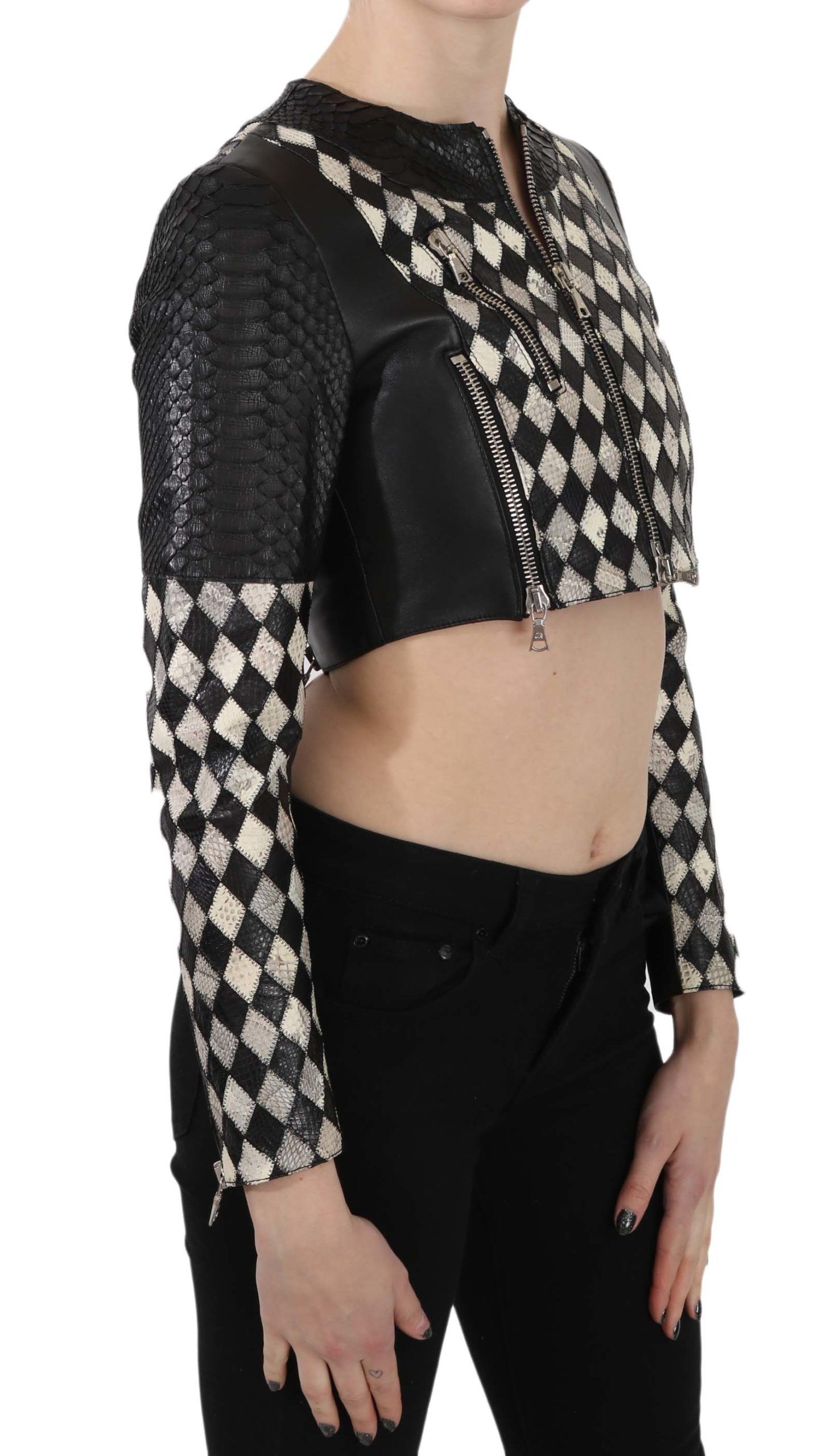Black White Leather Short Cropped Biker Jacket Coat - Image 5