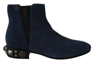 Blue Suede Embellished Studded Boots Shoes