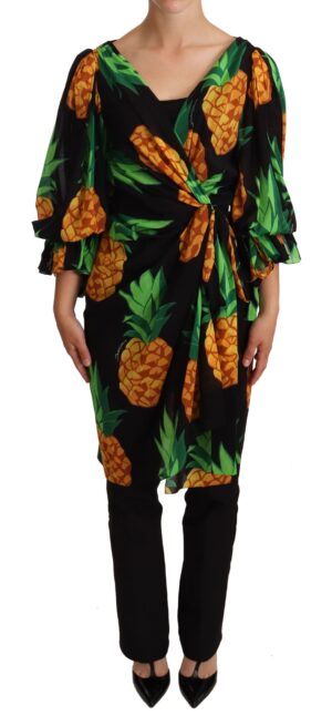 Black Ananas Print Wrap Stretch Silk Dress