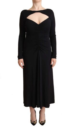 Black Nylon Stretch Long Sleeves Deep V-neck Maxi Dress