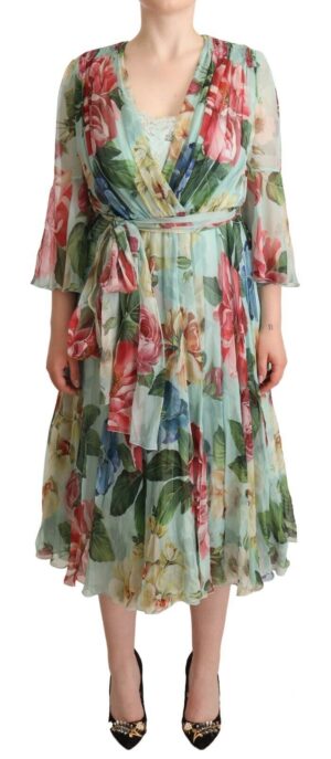 Green Floral Long Sleeves V-neck Midi Dress