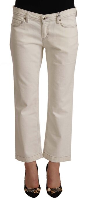 Off White Cotton Flared Cropped Denim Jeans