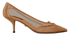 Peach Mesh Leather Chains Heels Pumps Shoes