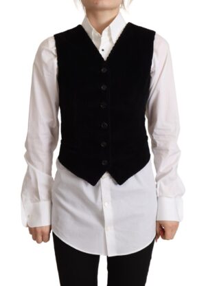 Black V-neck Leopard Corduroy Button Vest Top