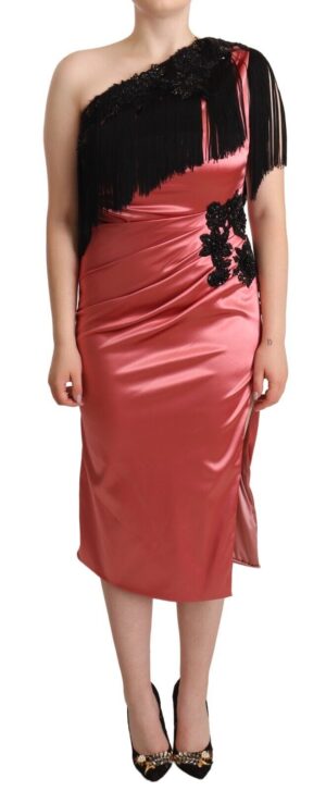 Pink One-Shoulder Silk Tassel Fringe Gown Mid Dress