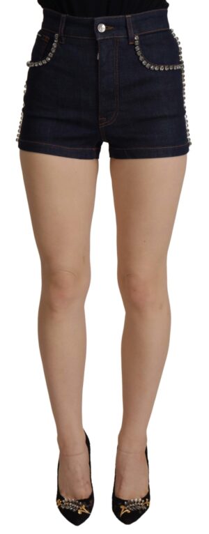 Blue Denim Stretch Crystal Hot Pants Shorts