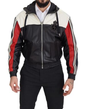 Black Leather Hooded Blouson Coat Jacket