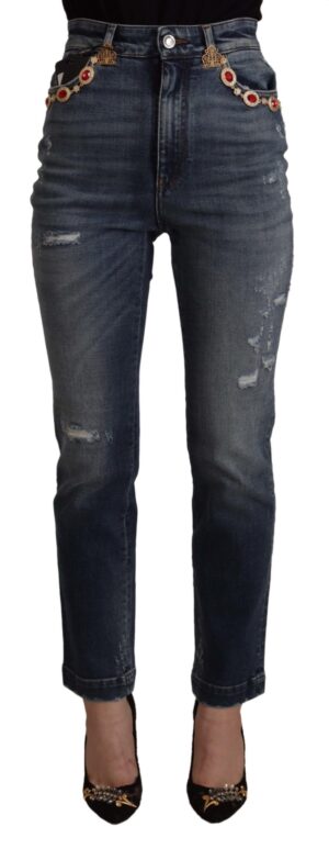 Blue Denim Crystal Embellished Pants Jeans