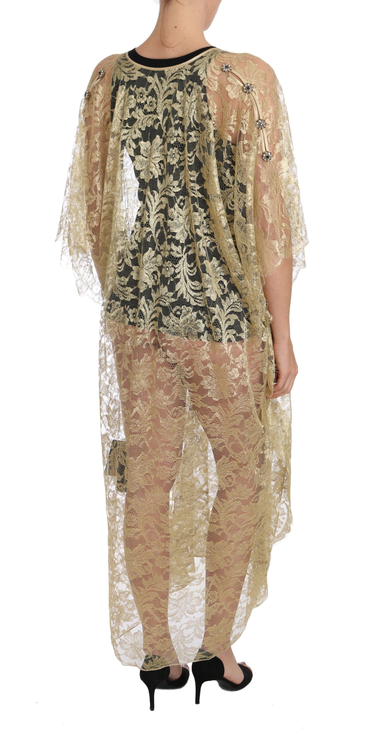 Gold Floral Lace Crystal Gown Cape Dress - Image 2