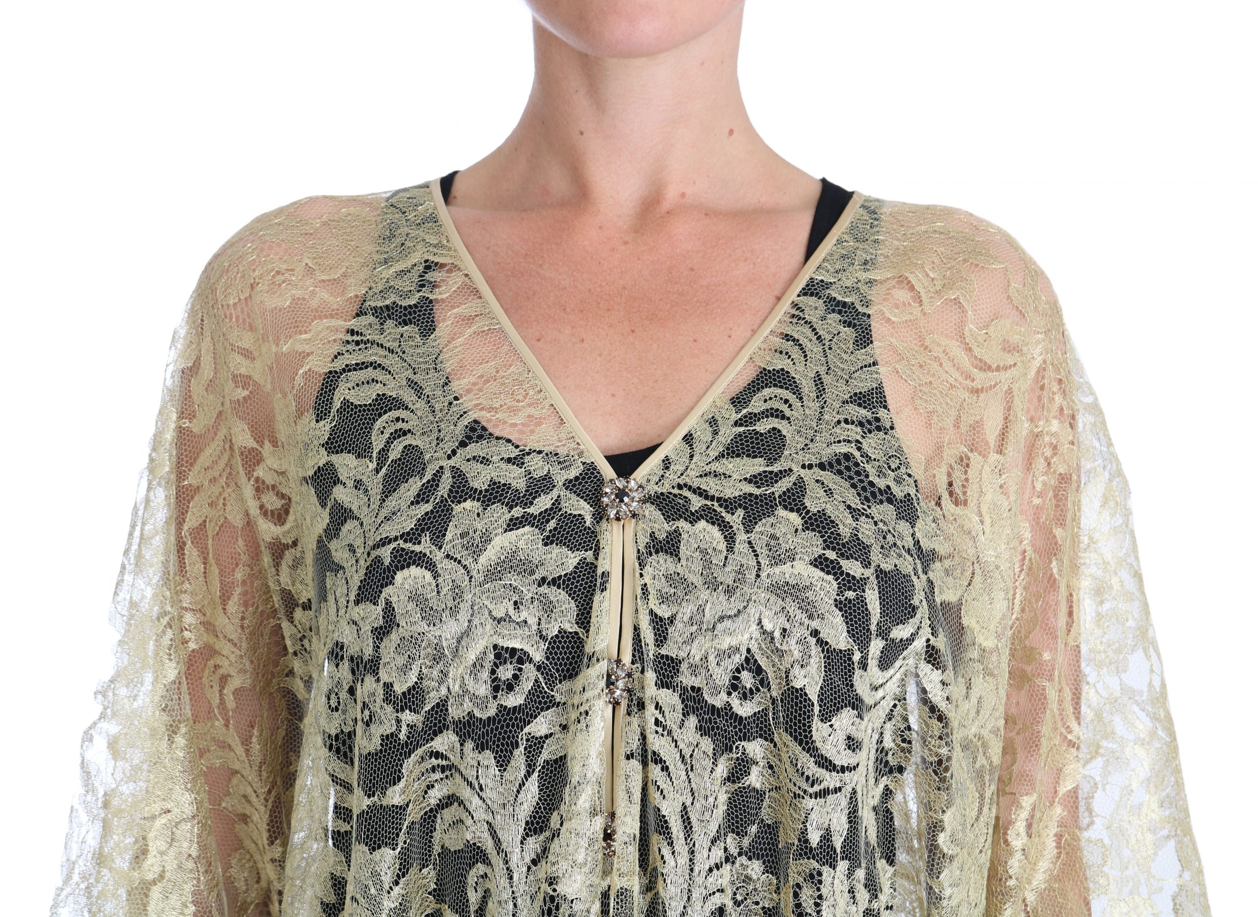 Gold Floral Lace Crystal Gown Cape Dress - Image 3
