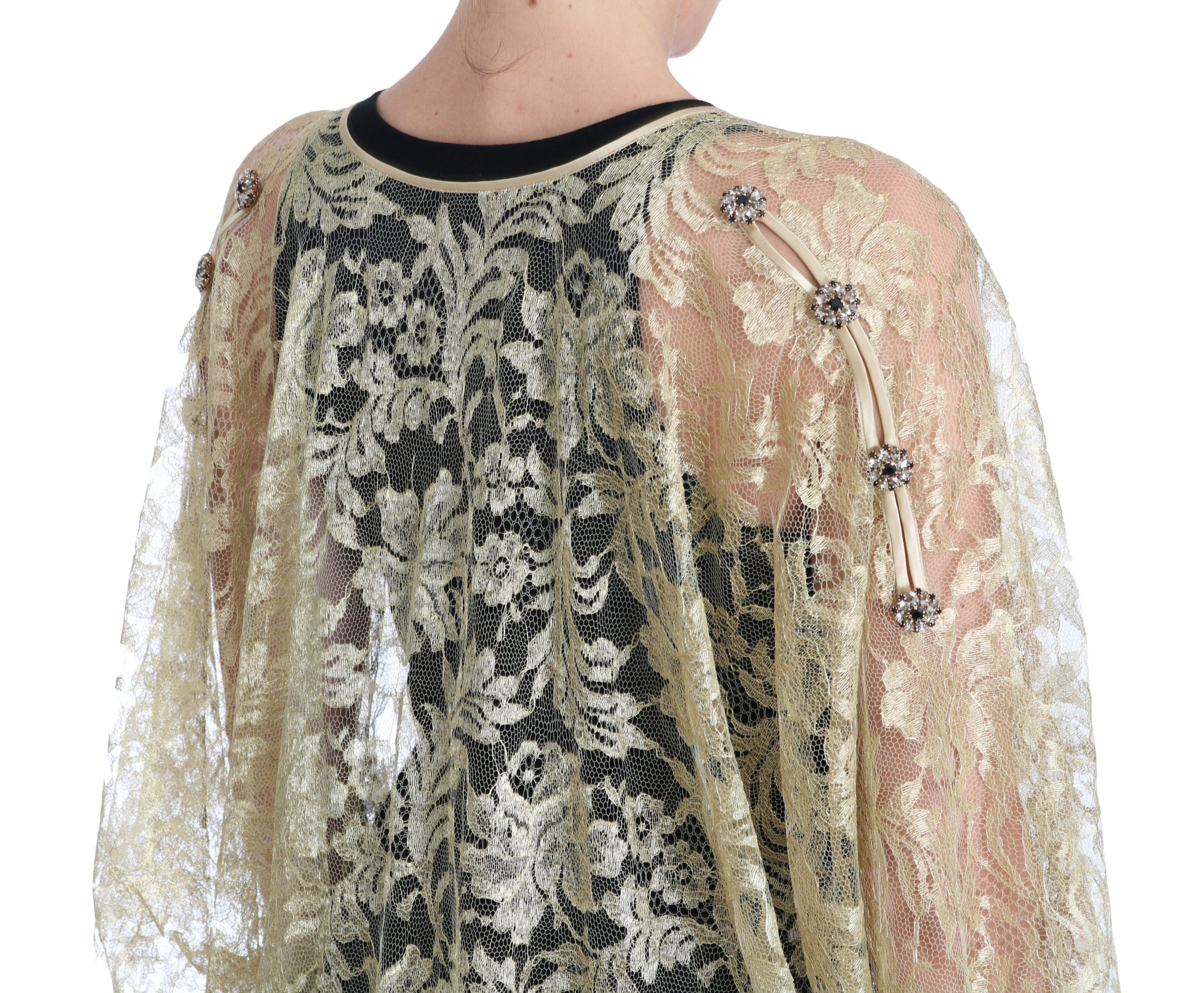 Gold Floral Lace Crystal Gown Cape Dress - Image 4